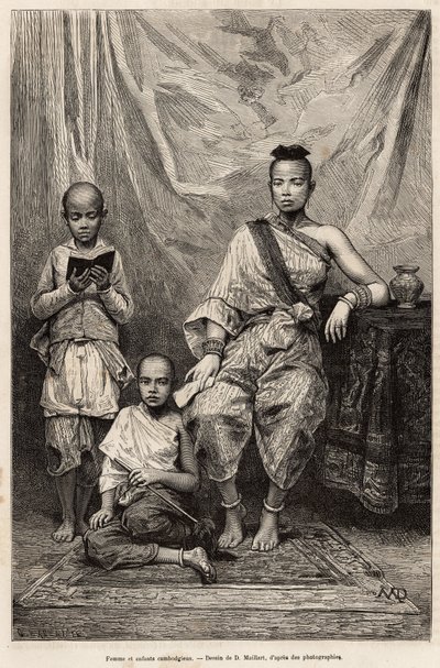 Cambodian Woman and Children (engraving after a drawing by D. Maillart, illustrating the voyage to Cochinchine by Doctor Morice, published in 