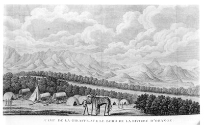 Camp Giraffe on the banks of the Orange River, from volume 2 of Second Voyage dans linterieur de lAfrique by Francois Le Vaillant published 1796 by French School
