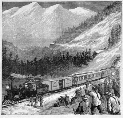 Canadian Pacific Railway in 1888 - Passage of a Train in Sierra Nevada - Engraving in Journal des Voyages 1888 by French School