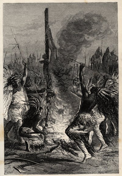 Cannibalism - Tierra del Fuego in Chile in the 19th century - engraving from 