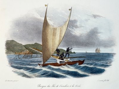 Canoe with sail from the Vanikoro Islands, Solomon Islands, colour engraving from Voyage of discovery of the Astrolabe undertaken by order of the king, during the years 1826-1829, by Jules-Sebastien-Cesar Dumont d
