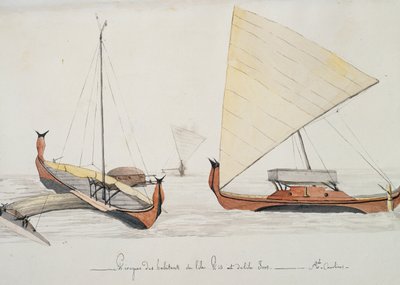 Canoes of inhabitants of Pis and Iros Islands (Caroline Islands), watercolor painting by Jules-Louis Lejeune, from Duperrey