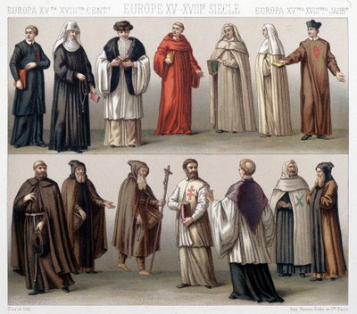 Canons of the Holy Sepulchre in Poland. Top: 17th and 18th century costumes. Bottom: costumes from the old period by French School