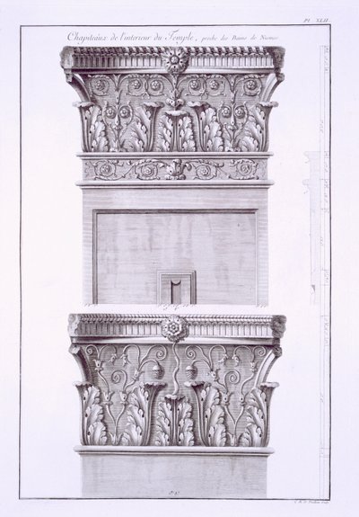 Capitals from the temple near the Roman Baths, Nimes, from Antiquities of France: Vol I, Monuments of Nimes by French School