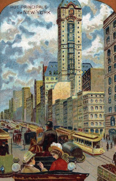 Car Traffic in Broadway, Main Street of New York (19th century Chromolithography) by French School