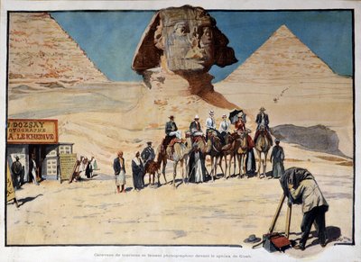 Caravan of tourists being photographed in front of the Gizeh sphinx by French School