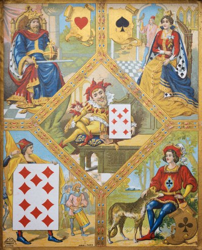Card Game, Plate with King of Hearts, Queen of Spades, Ten of Diamonds and Jack of Clubs, Dwarf Lindoro with Seven of Diamonds in Centre by French School