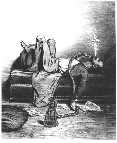 Caricature of the Romantic Writer searching his inspiration in the Hashish by French School