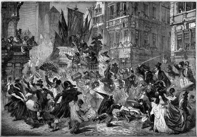 Carnival scene in the streets of Antwerp, Belgium in 1860. Engraving in 