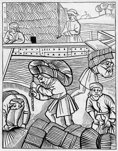 Carriers of hay in the Middle Ages. Engraving in 