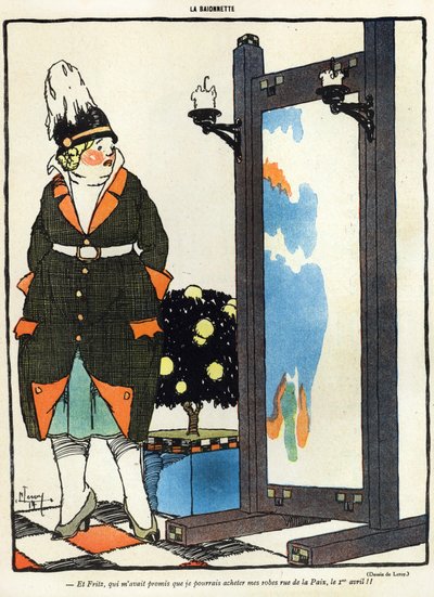 Cartoon depicting a German lady disappointed at not being able to buy her new clothes in Paris in the rue de la Paix, from the April Fools Day edition of La Baionette magazine, 29 March 1917 by French School