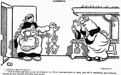 Cartoon depicting the disastrous effect of the submarine blockade on a fish bought in a French market, from the April Fools Day edition of La Baionette magazine, 29 March 1917 by French School