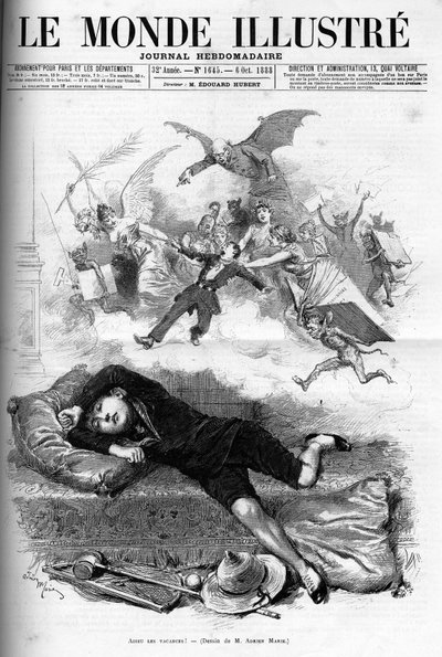 Cartoon of a Young Schoolboy Reproving the End of the Holidays Approaching Class Rental in 1888 by French School