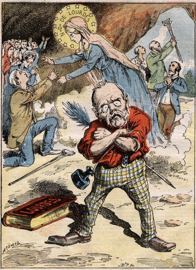 Cartoon of the writer Emile Zola who is perplexed at the devotion of the faithful in Lourdes, despite his criticism of the subject expressed in his novel Lourdes by French School
