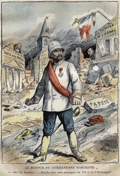 Cartoon on commander Jean-Baptiste Marchand, in Toulon, returning from an exploration mission in Africa. Engraving in 