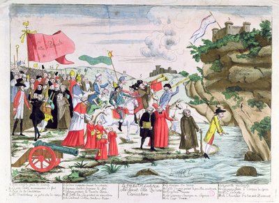 Cartoon ridiculing the French clergy and aristocrats who took refuge in Germany during the Revolution, c.1792 by French School