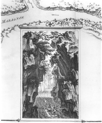 Cartouche depicting La Condamine on a raft on the Amazon, on a map called Carte du detroit appele Pongo de Manseriche dans le Maragnon ou la riviere des Amazones, illustration from Histoire de l