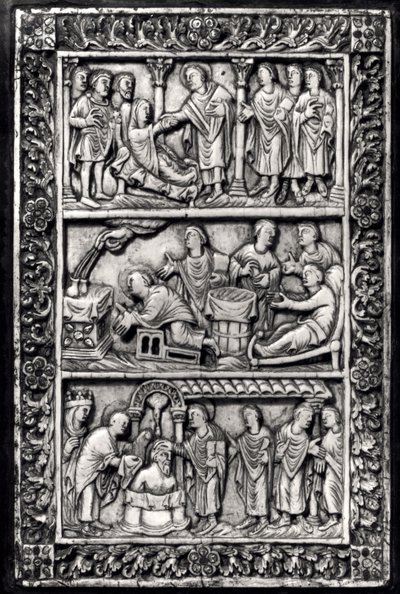 Carved Plaque for a Book Cover Depicting Scenes from the Life of St. Remigius and the Baptism of Clovis I by French School