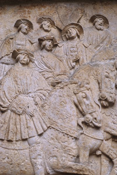 Carved stone relief in inner courtyard depicting Field of Cloth of Gold, from the Hotel de Bourgtheroulde, Rouen, Normandy, 1501-37 by French School