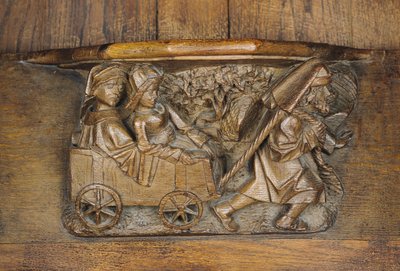 Carving depicting a couple in a cart pulled by a man, from a choir stall by French School