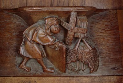 Carving of a miller, from a choir stall by French School