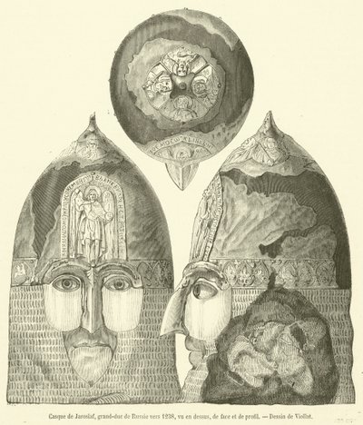 Helmet of Jaroslav, Grand Duke of Russia around 1238, seen from above, front and profile (engraving) by French School