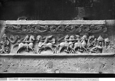 Cathedral of St. Peter in Angouleme (lintel detail on the west facade depicting scenes inspired by La Chanson de Roland, original from c.1125-35) by French School