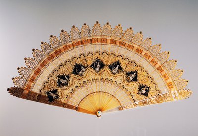 Cathedral style brise hand fan in Charles X style, pierced horn, painted and gilded, France by French School