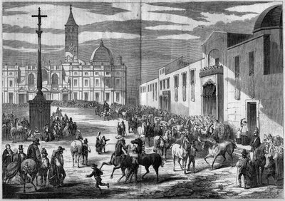 Catholic feast - Saint Anthony: blessing of horses in the square of the Church of Saint Mary Maggiore, Rome, Italy, January 1859. In front of the church, a granite column topped by a cross (1595) commemorating the conversion of Henry by French School