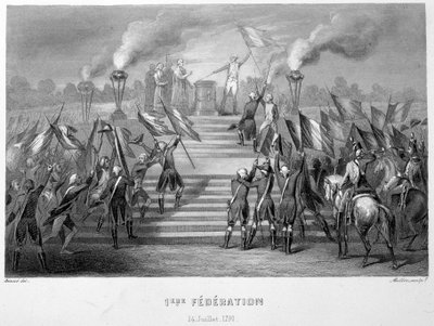 Celebration of the 1st National Federation on 14 July 1790 on the Altar of the Fatherland in Champs-de-Mars, on the occasion of the 1st anniversary of the capture of the Bastille - in “Fasttes de Gardes nationales de France” by French School