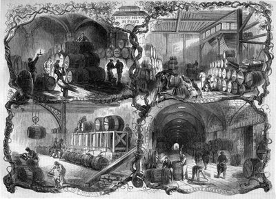 Cellars of the Warehouse des vins et des eaux de vie in Paris; 1858. Engraving in 