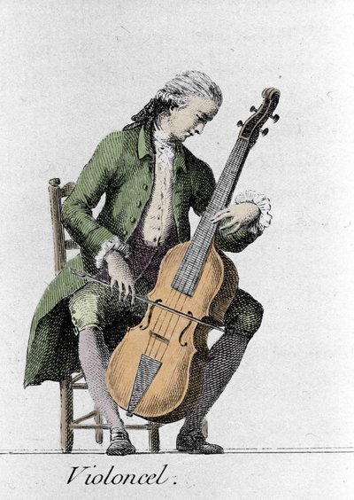 Cello player. Engraving from the late 18th century by French School