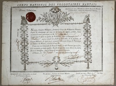 Certificate of Admission to the National Guard of Volunteers of Nantes, 1789 by French School