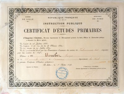 Certificate of Primary Education, Academie de Lille, 1898 by French School