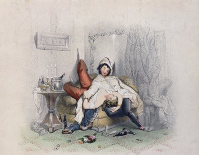 Champagne & Love, an Amorous Couple Fallen Asleep After Their Sixth Bottle of Champagne, Engraved by Bettannier Freres, Paris, 1852 by French School