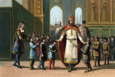 Charlemagne, King of France from 768 to 814, founder of the school supervises the classes. Chromolithograph around 1890 by French School