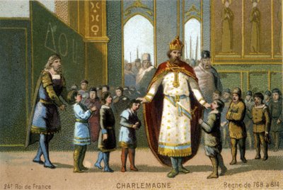 Charlemagne visits a school - chromolithography of the 19th century by French School