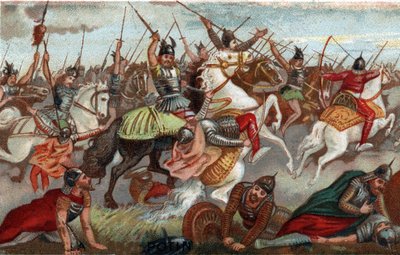 Charles Martel arresting the Muslims at the Battle of Poitiers in 732. Chromolithography of the 19th century. by French School