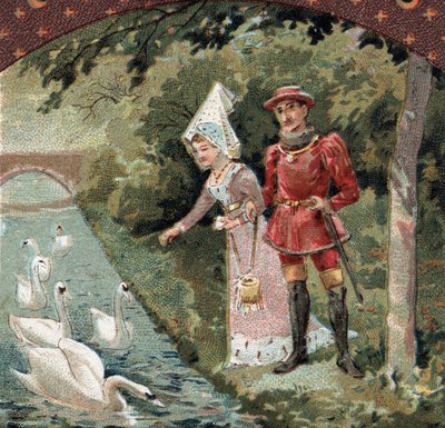 Charles VII (1403-1461) with his favorite, Agnes Sorel (known as the Lady of Beaute sur Marne) feeding swans in the park of the chateau of Savigny sur Orge. Chromolithography of the late 19th century by French School