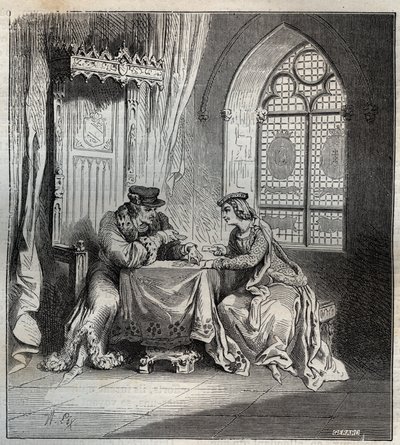 Charles VI and Odette de Champdivers - King Charles VI of France, known as Charles the Good Aime, then Charles the Fol with his mistress Odette de Champdivers playing cards engraving in 