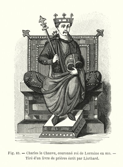 Charles the Bald, crowned King of Lorraine in 860, from a prayer book written by Liuthard by French School