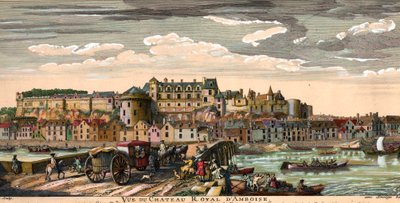 Chateaux de la Loire: view of the castle of Amboise in Indre and Loire in the 18th century. Epoque engraving. Private Collection by French School