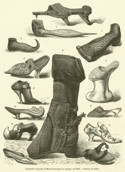 Shoes Exhibited at the Historical Costume Museum, 1874 (engraving) by French School