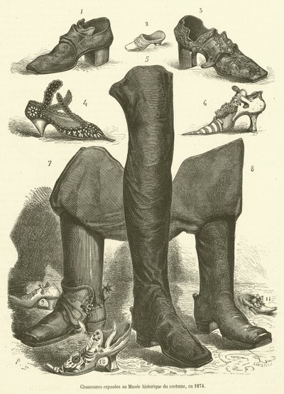 Shoes Exhibited at the Historical Costume Museum, in 1874 (engraving) by French School