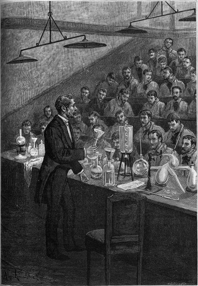 Chemistry classes at the Ecole Centrale de Paris. Engraving in 