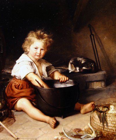 Child with Cat in an Interior by French School