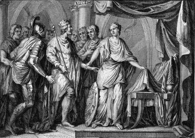 Childebert II (570-596), king of Austrasia, took possession of the kingdom of Burgundy and Orleans after the death of Gontran I in 592. Engraving of the 18th century by French School