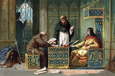 Childebert II, King of France in his castle of the Oise, surrounded by monks who share his work by French School