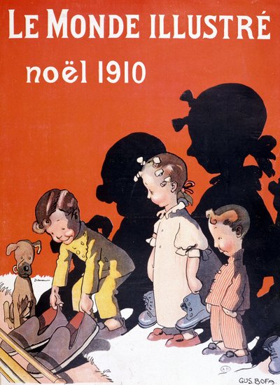 Children dropping their shoes in front of the fireplace for Santa Claus - in 