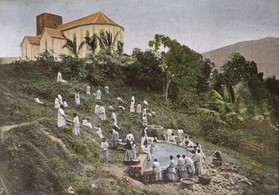 Children in New Caledonia taken to the washing place by the Missionary Sisters, engraved by Gillot by French School
